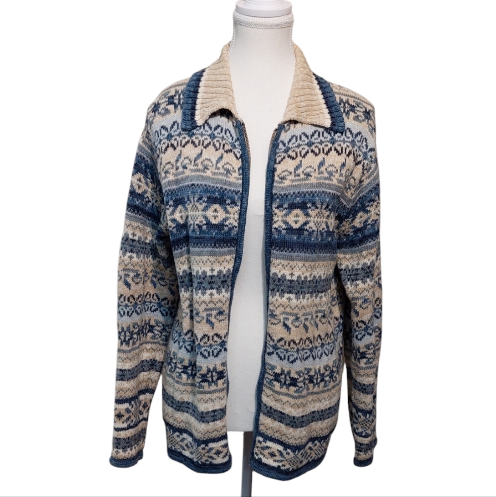 Vintage Blue and Cream Knit Cardigan by Classic Elements size Medium